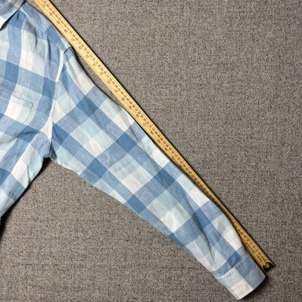 Banana Republic Linen Shirt Mens M Camden Fit Blue Gingham Button-Down Sleeve